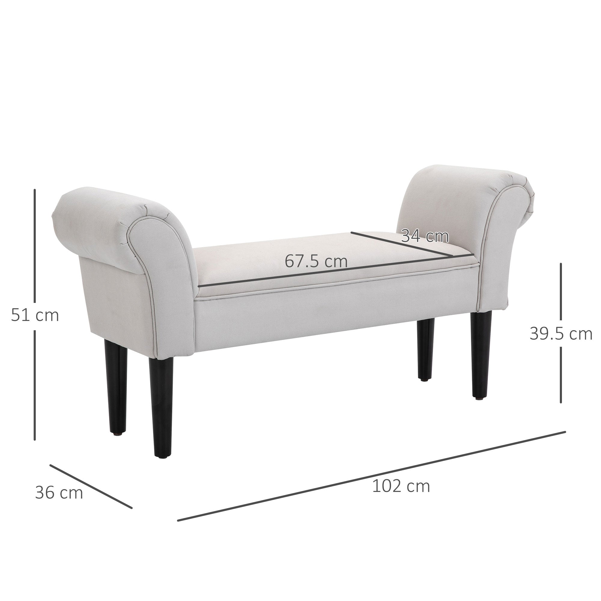 HOMCOM Small Bench, Upholstered Window Seat with Arms and Wooden Legs, Modern Shoe Bench for Entryway, Living Room, Bedroom, Greyish White