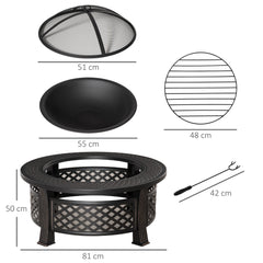 Outsunny Outdoor Fire Pit, Firepit with Grill Net, Mesh Lid, Poker, for Camping, Bonfire, Picnic, Bronze Tone