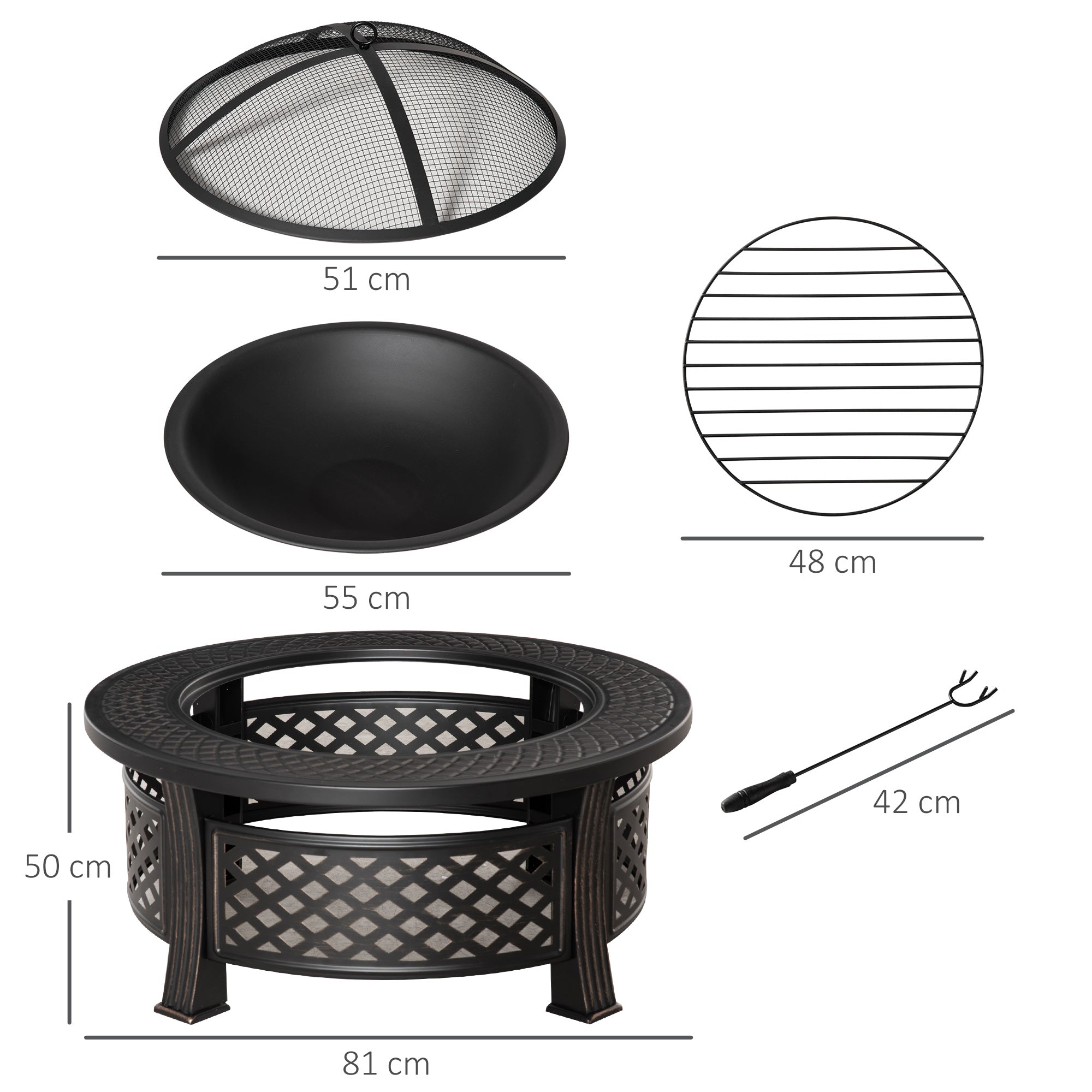 Outsunny Outdoor Fire Pit, Firepit with Grill Net, Mesh Lid, Poker, for Camping, Bonfire, Picnic, Bronze Tone