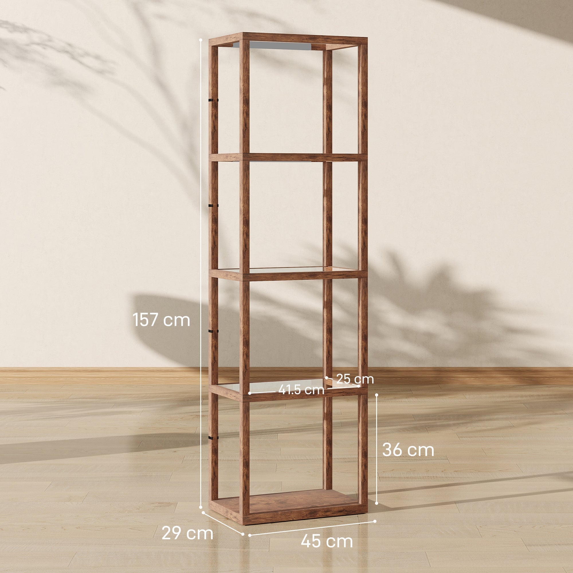HOMCOM LED Floor Lamp with Glass Shelves, 4 Layers Dimmable Tall Standing Lamp, Modern Column Shelf Floor Light for Living Room, Bedroom, Office, Rustic Brown