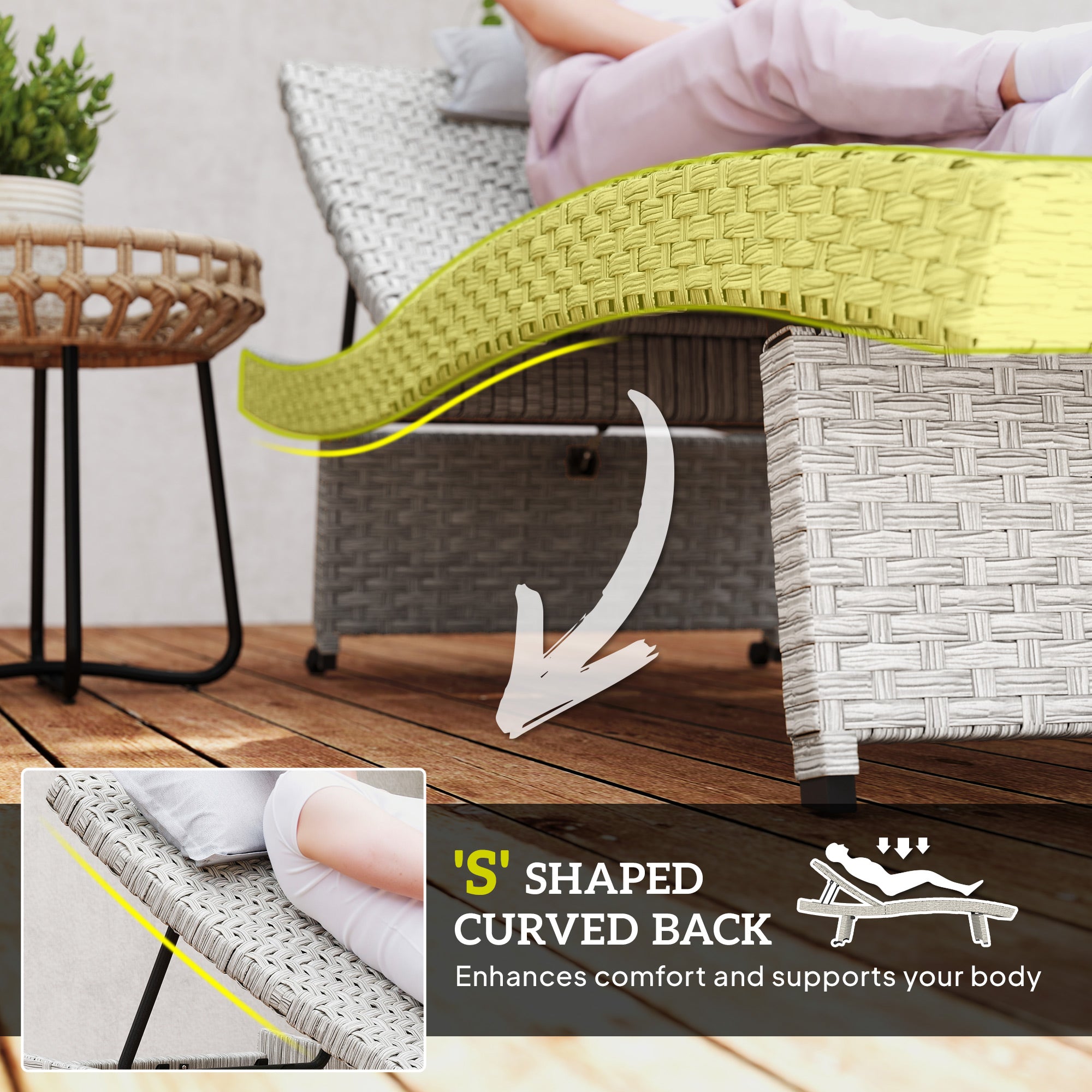 Outsunny Outdoor PE Rattan Sun Lounger, Folding Wicker Garden Lounger Recliner with 4-Level Adjustable Backrest, Rolling Sunbed Lounge Chair with Wheels, Non-Slip Legs for Balcony, Beach, Grey