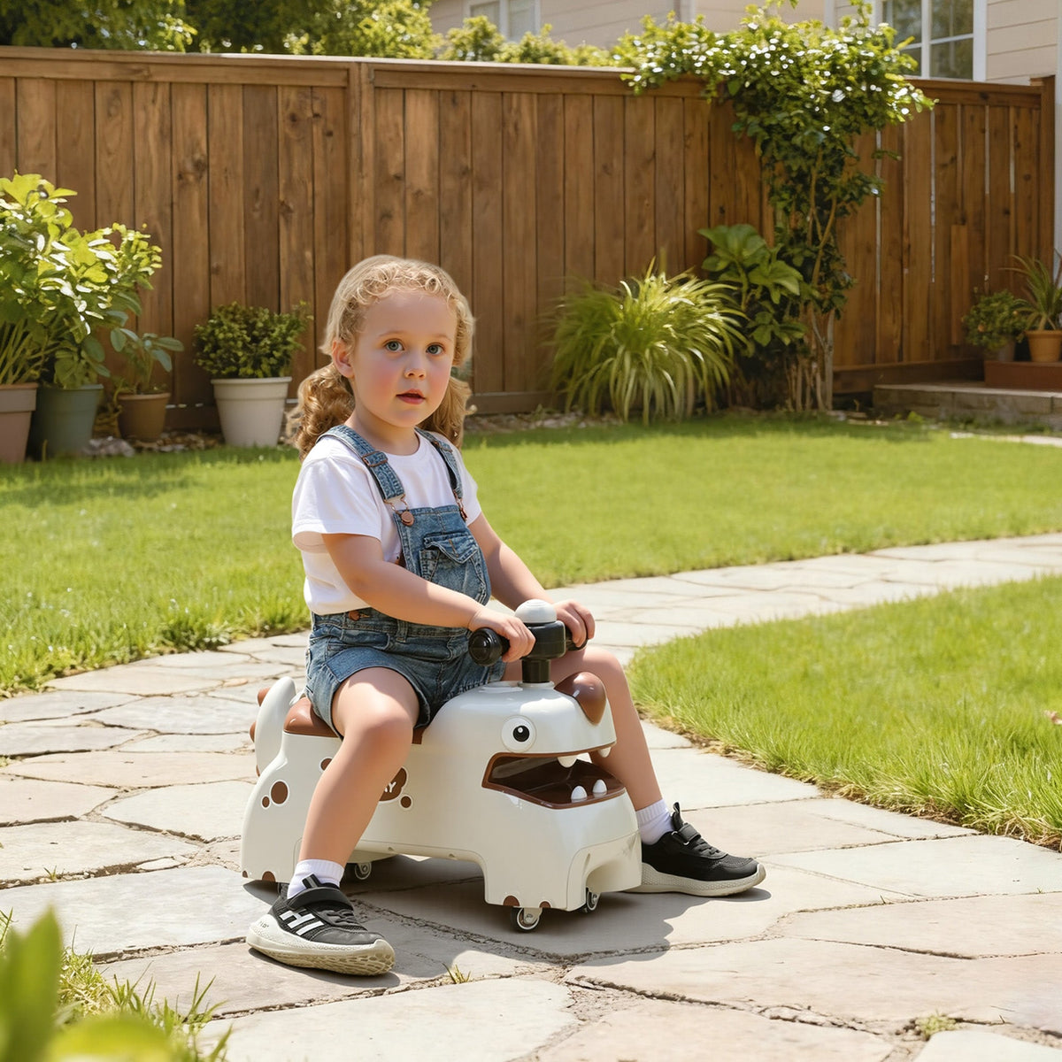 AIYAPLAY Kids Ride On Car, Dinosaur Foot to Floor Slider with Storage, Toddler Walker with Light, Sounds, Cream