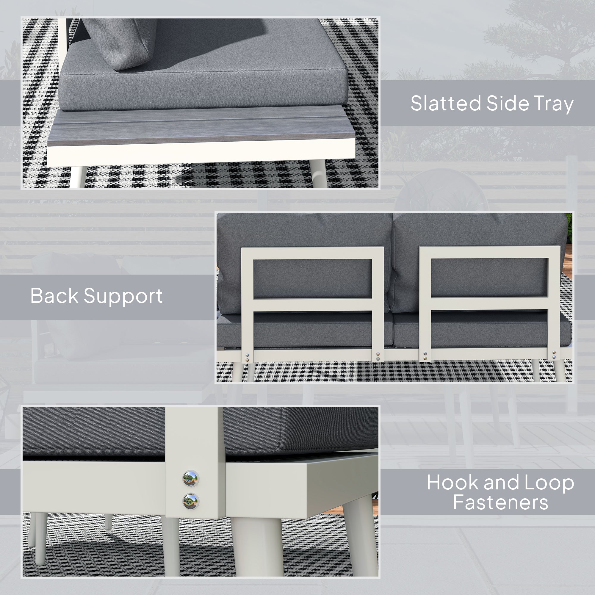 Outsunny 3 Piece Garden Furniture Set with 5-Level Adjustable Lounger, L Shaped Garden Corner Sofa with Cushions, Mesh Seat, Slatted Wood-Grain Table, Outdoor Furniture Set for Conservatory, Grey