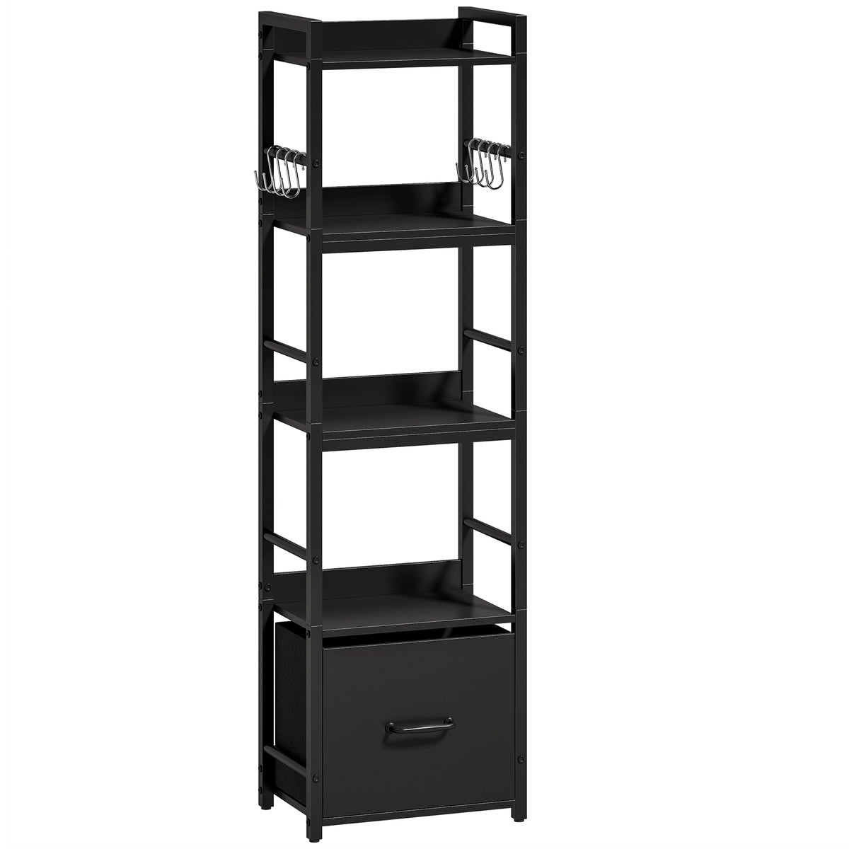 HOMCOM 4-Tier Bookshelf, Narrow Bookcase with Drawer, 8 Hooks, Metal Frame, Black