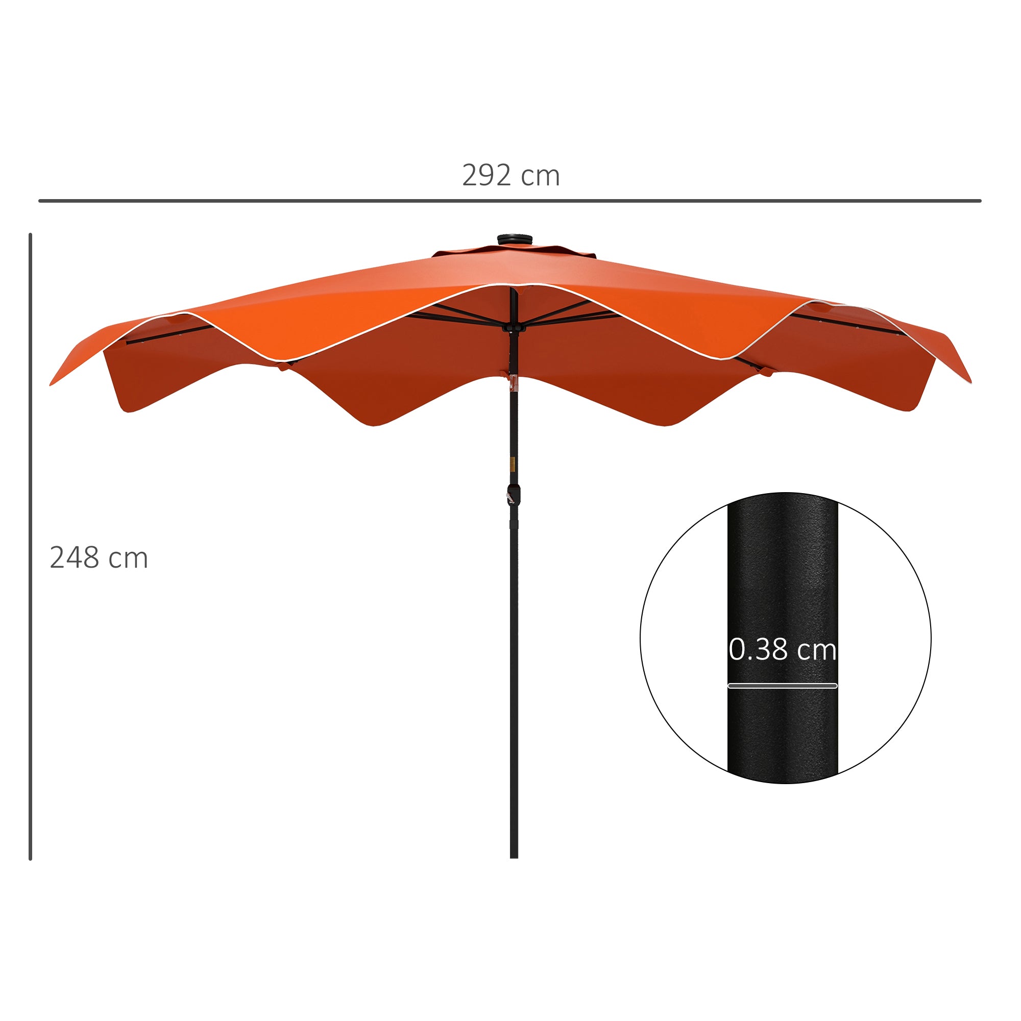 Outsunny Solar Patio Umbrella with LED and Tilt, Outdoor Market Table Umbrella Parasol with Crank, 3 x 3 (m), Orange