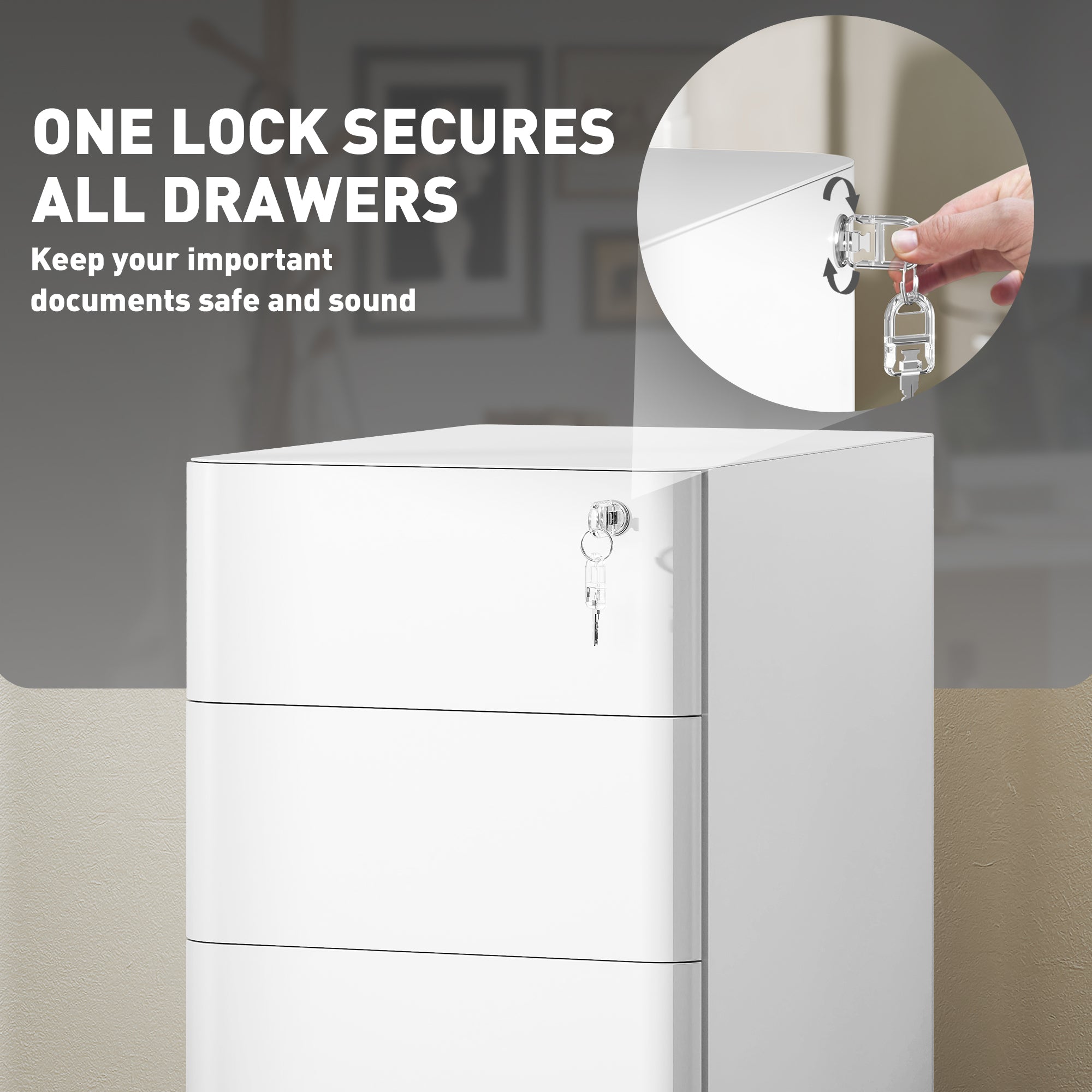 Vinsetto 3-Drawer Steel Filing Cabinet with Lock - White