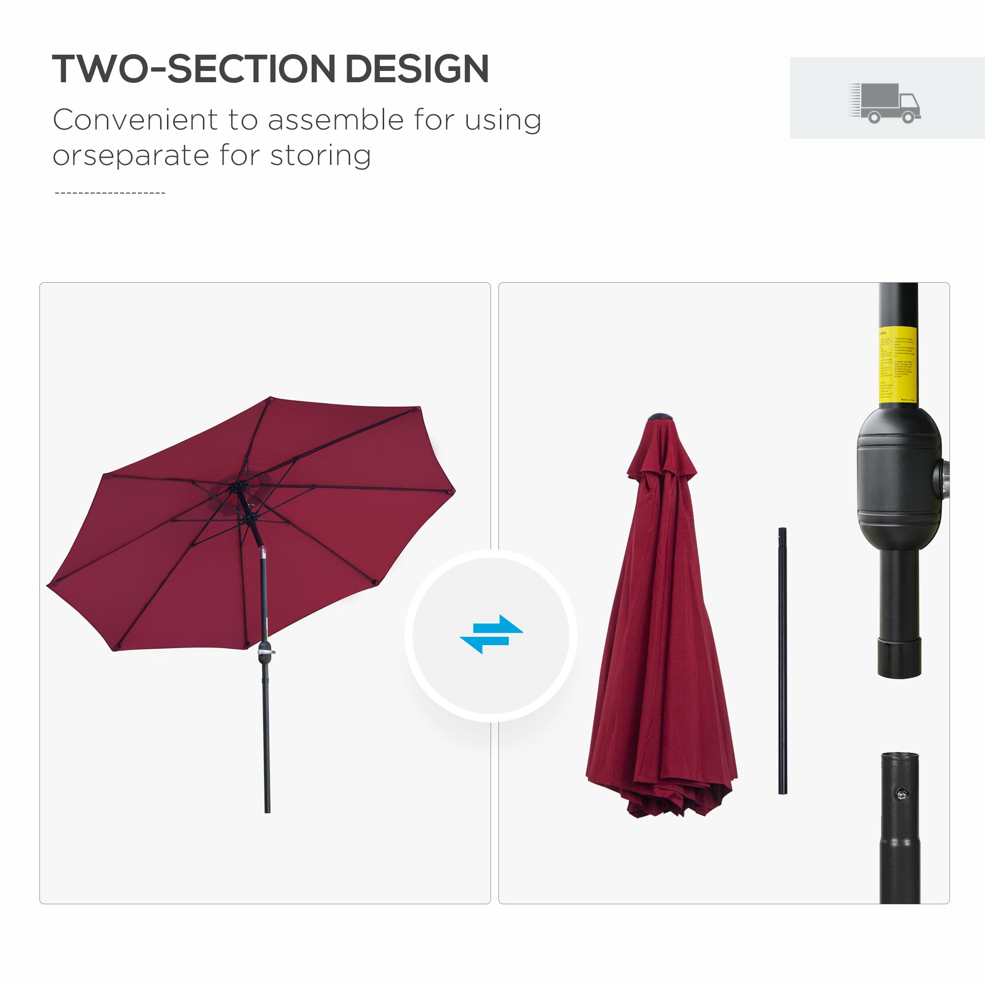 Outsunny 2.7M Garden Parasol Umbrella with Glass Fibre Ribs and Aluminium Frame, Tilting Sun Shade Shelter Canopy, Wine Red