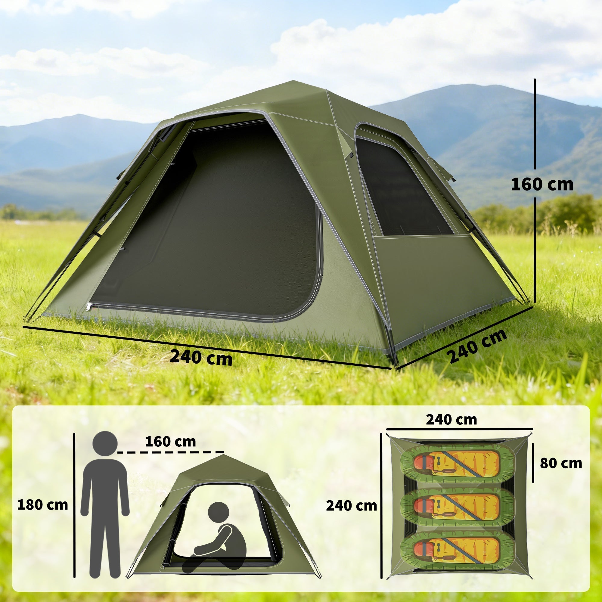 Outsunny Pop Up Tent 3000mm Waterproof Camping Tents with Mesh Windows 3-4 People Green