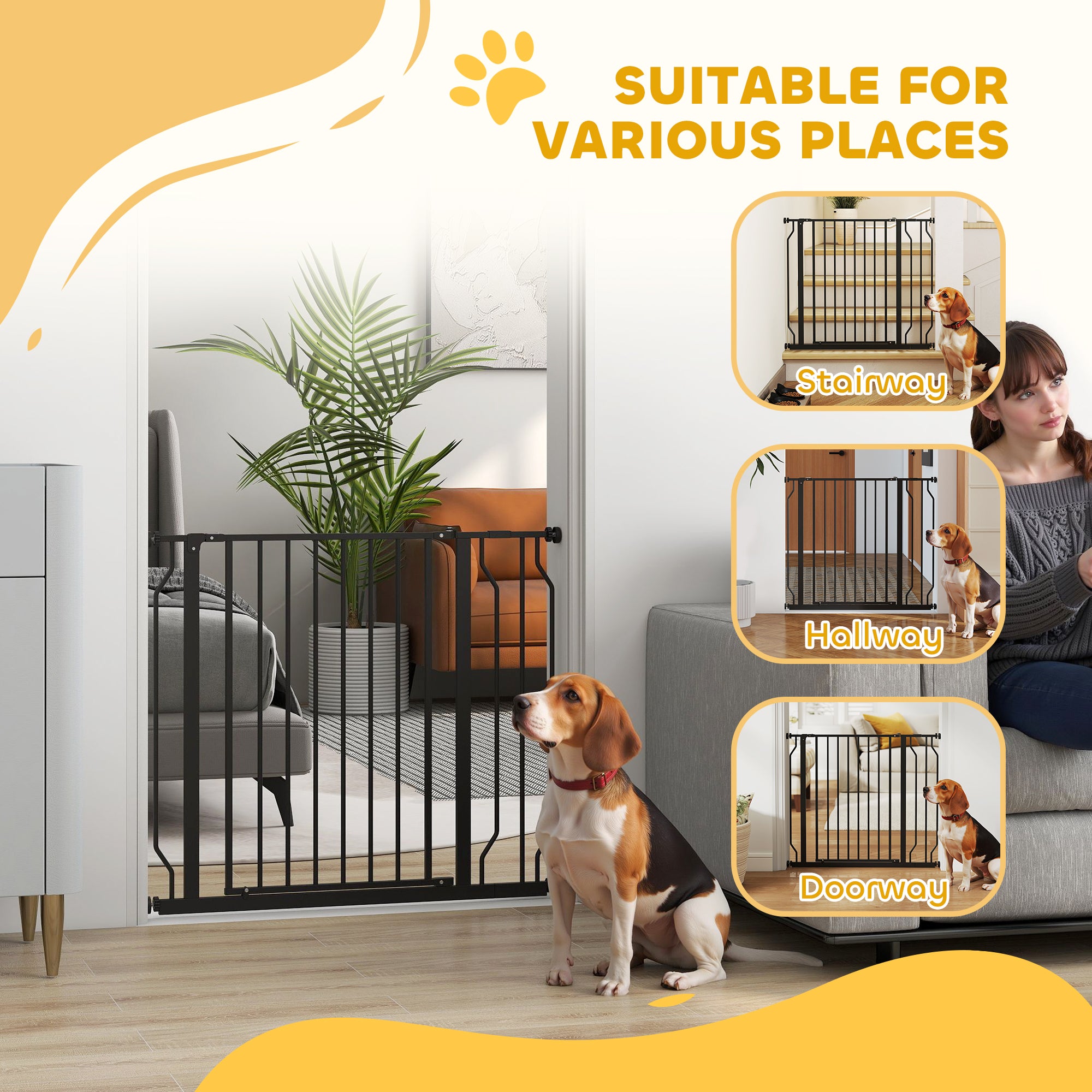 PawHut Wide Dog Safety Gate, with Door Pressure, for Doorways, Hallways, Staircases - Black