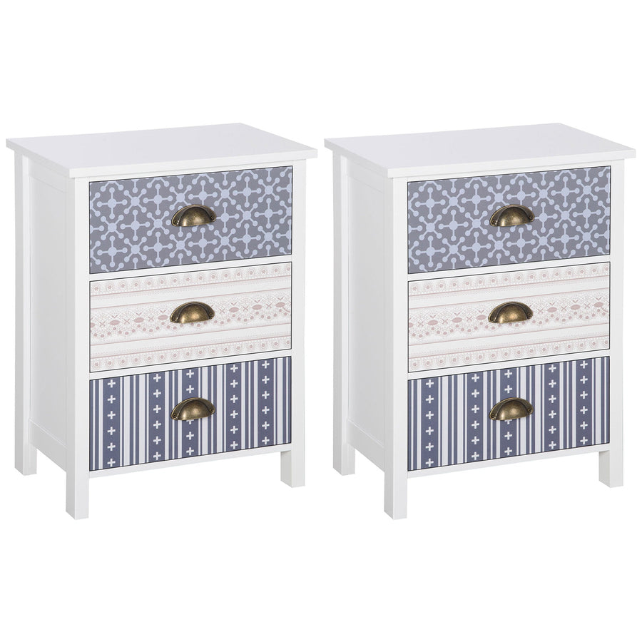 HOMCOM Bedside Table Set of 2 Chest of 3 Drawers Shabby Chic Nightstands with Metal Handle Sofa Side Table for Living Room, Bedroom,Purple