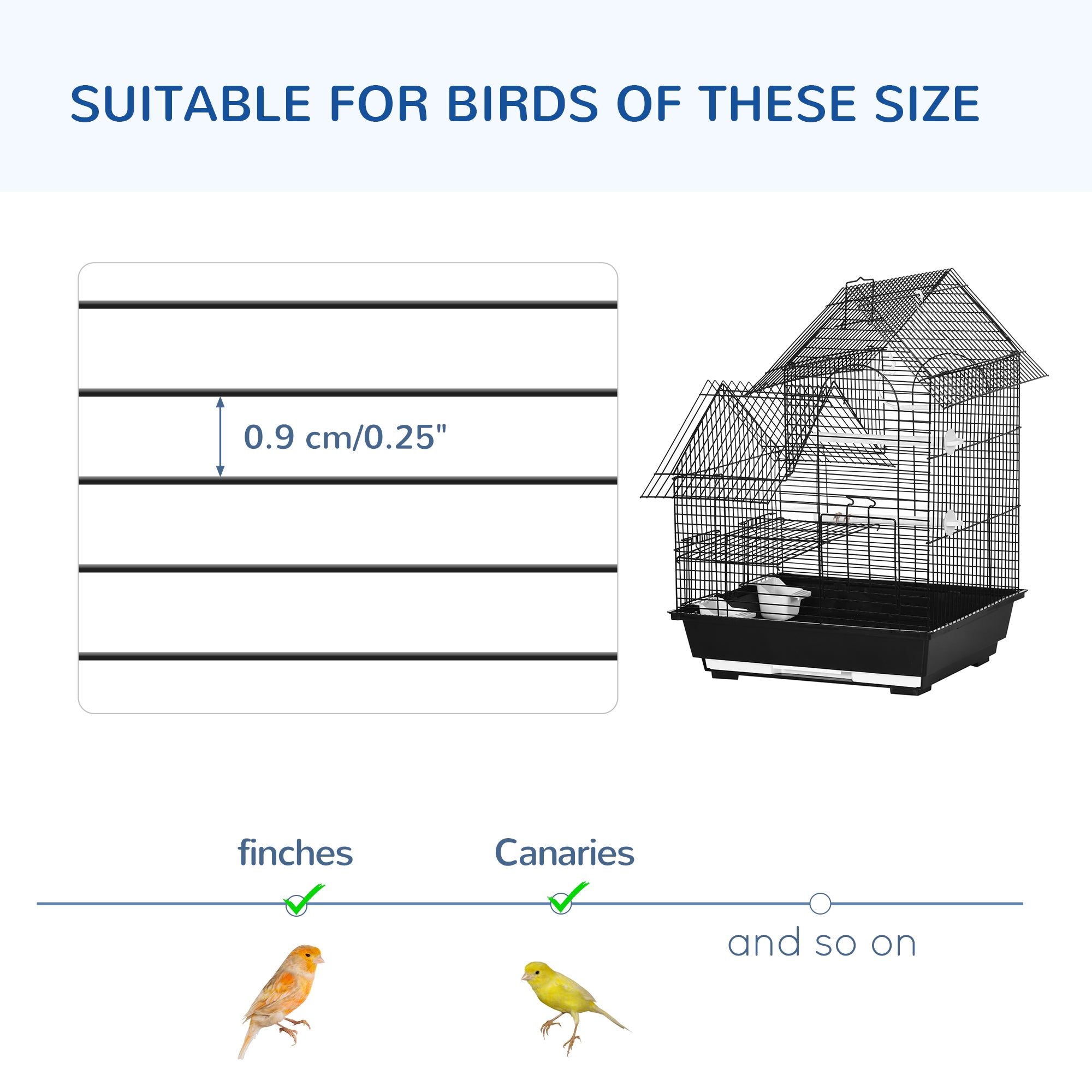 PawHut Metal Bird Cage for Finch, Canary w/ Food Containers, Swing Ring, Tray, Handle, 39 x 33 x 47cm