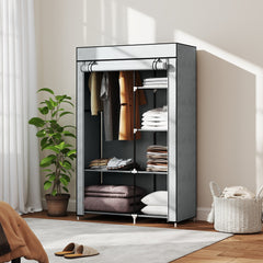 HOMCOM Fabric Wardrobe, Portable Wardrobe with 6 Shelves, 1 Hanging Rail, Foldable Closets, 103 x 43 x 162.5 cm, Light Grey
