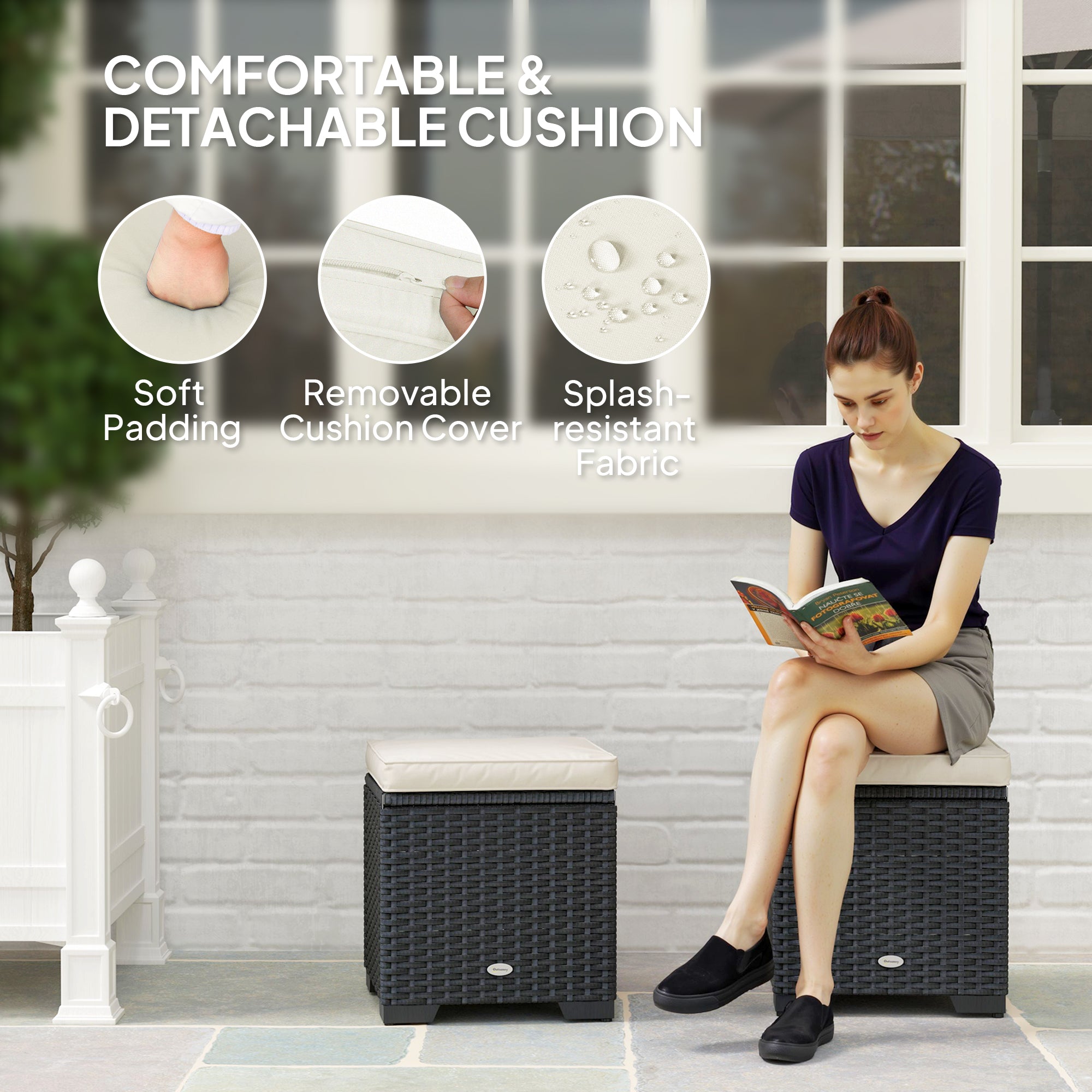 Outsunny Set of 2 Rattan Storage Ottoman, Outdoor Footstool with Removable Cushions, Garden Storage Seat for Balcony, Porch, Living Room, Cream