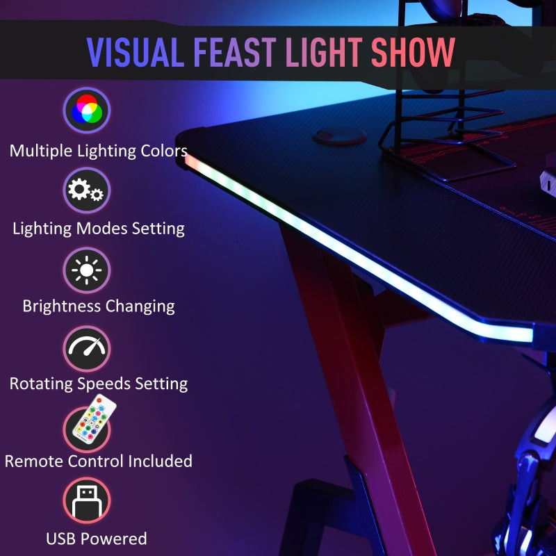 LED Ergonomic Gaming Desk Computer Table,  Cable Management, Red