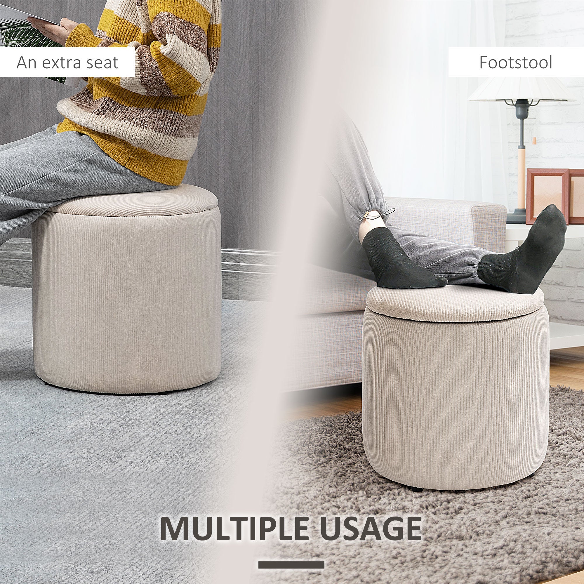 HOMCOM Set of 2 Round Ottoman with Storage, Fabric Vanity Stool for Makeup, Footrest Stool with Removable Lid for Living Room & Bedroom, Cream White