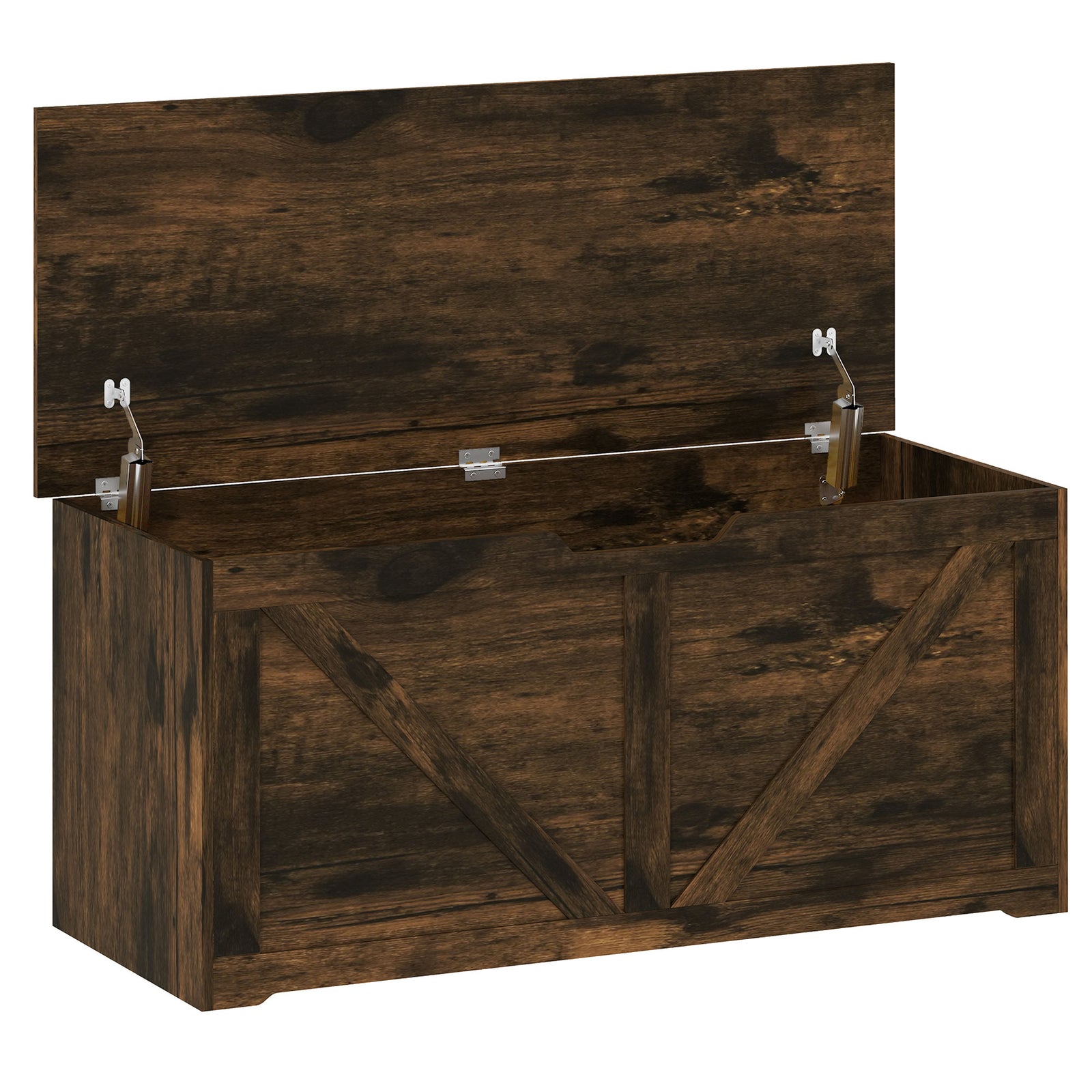 HOMCOM 127L Home Storage Box, with Safety Hinges - Rustic Brown Wood-Effect