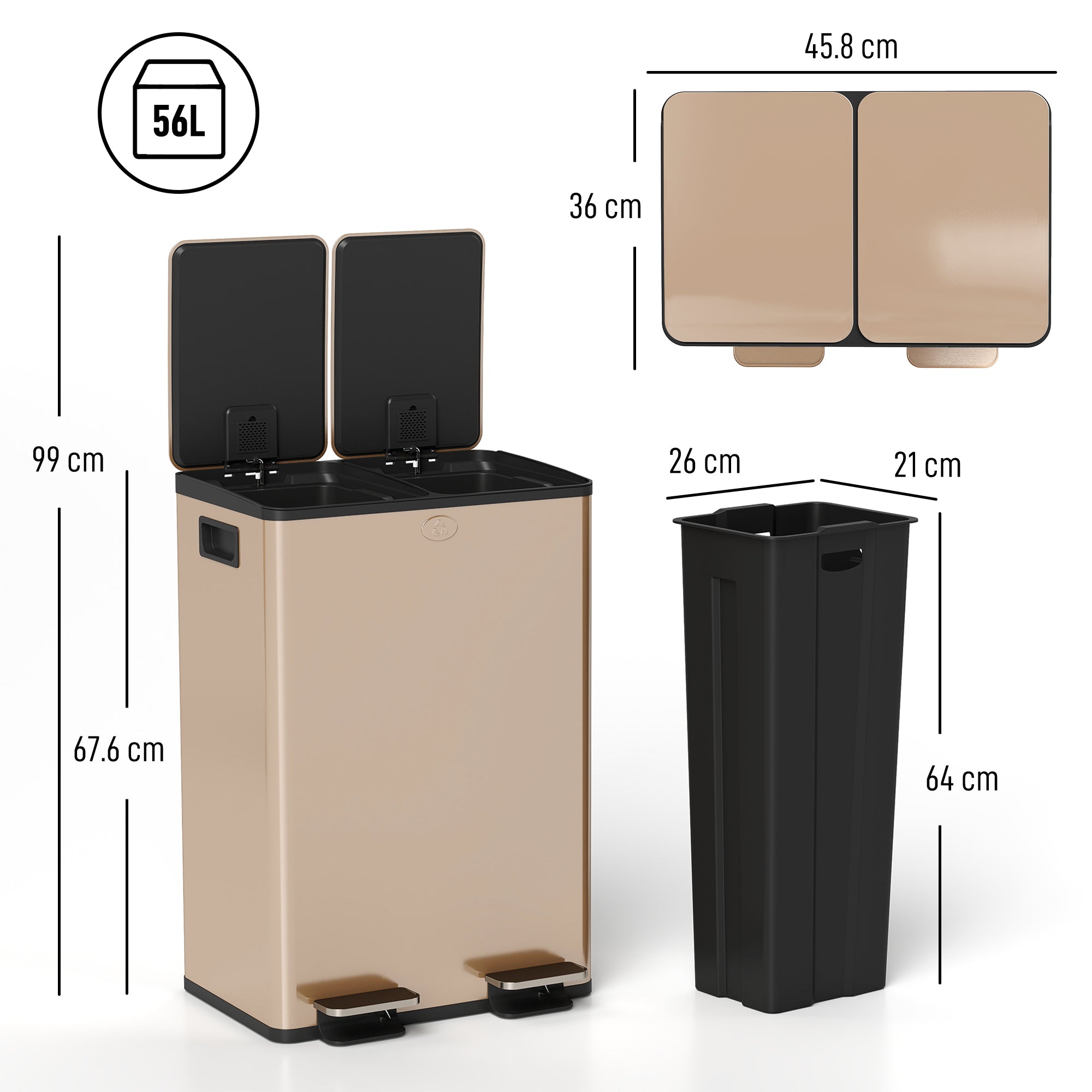 HOMCOM 56L Dual Compartment Stainless Steel Bin, with Deodoriser Holders - Gold Tone