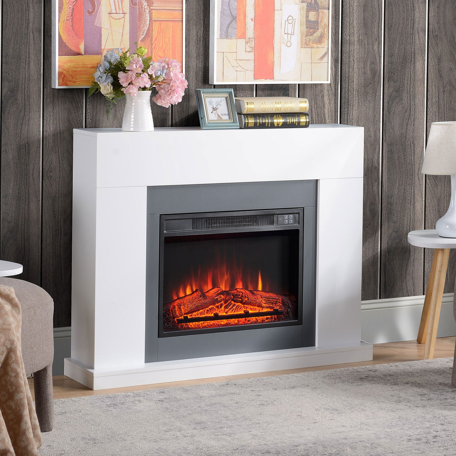 HOMCOM 44" Electric Fireplace Suite with Remote Control, 2000W Freestanding Fireplace Heater with LED Flame Effect, Overheat Protection, 7-Day Programmable Timer, White