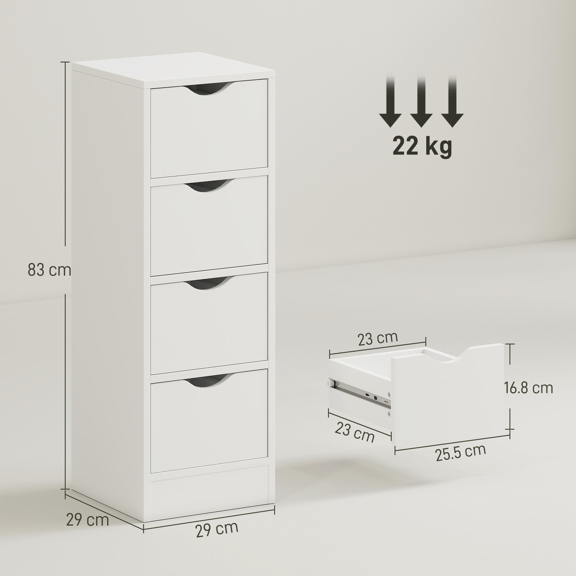 HOMCOM 4-Drawer Bathroom Cabinet, Freestanding Narrow Storage Cabinet with Groove Handles for Small Spaces, White