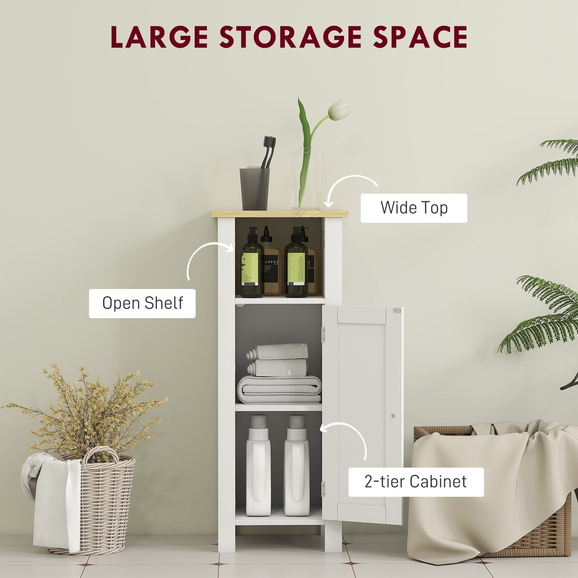 kleankin Slim Bathroom Storage Unit with Open Shelf, Bathroom Storage Cabinet with Adjustable Shelf, 32 x 30 x 80 cm, White