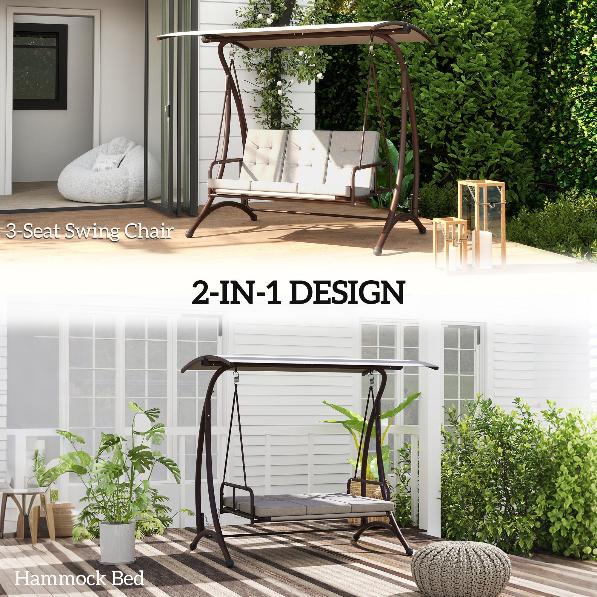 Outsunny Convertible Three-Seater Swing Bed - Grey