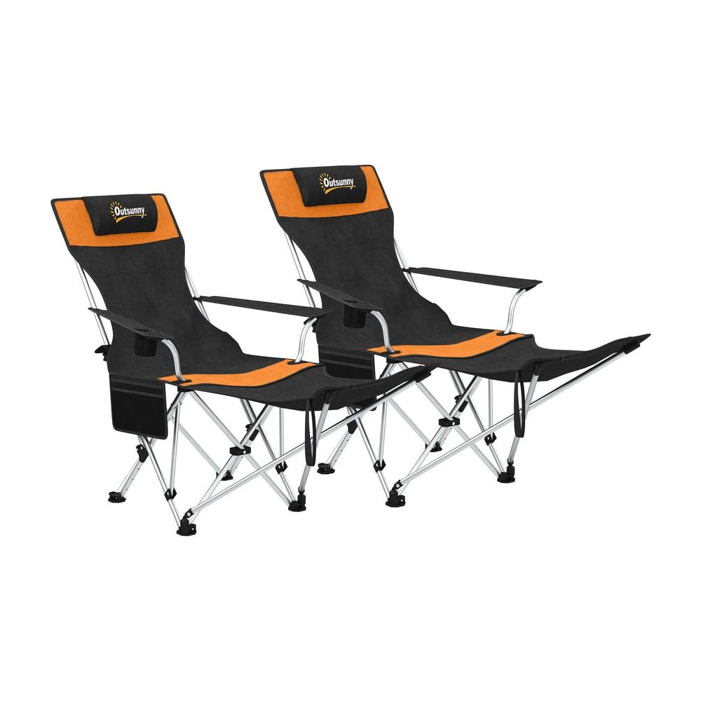 Outsunny Set of 2 Reclining Folding Camping Chair w/ Detachable Footrest, Storage Bag, Cup Holder & Headrest, Lightweight