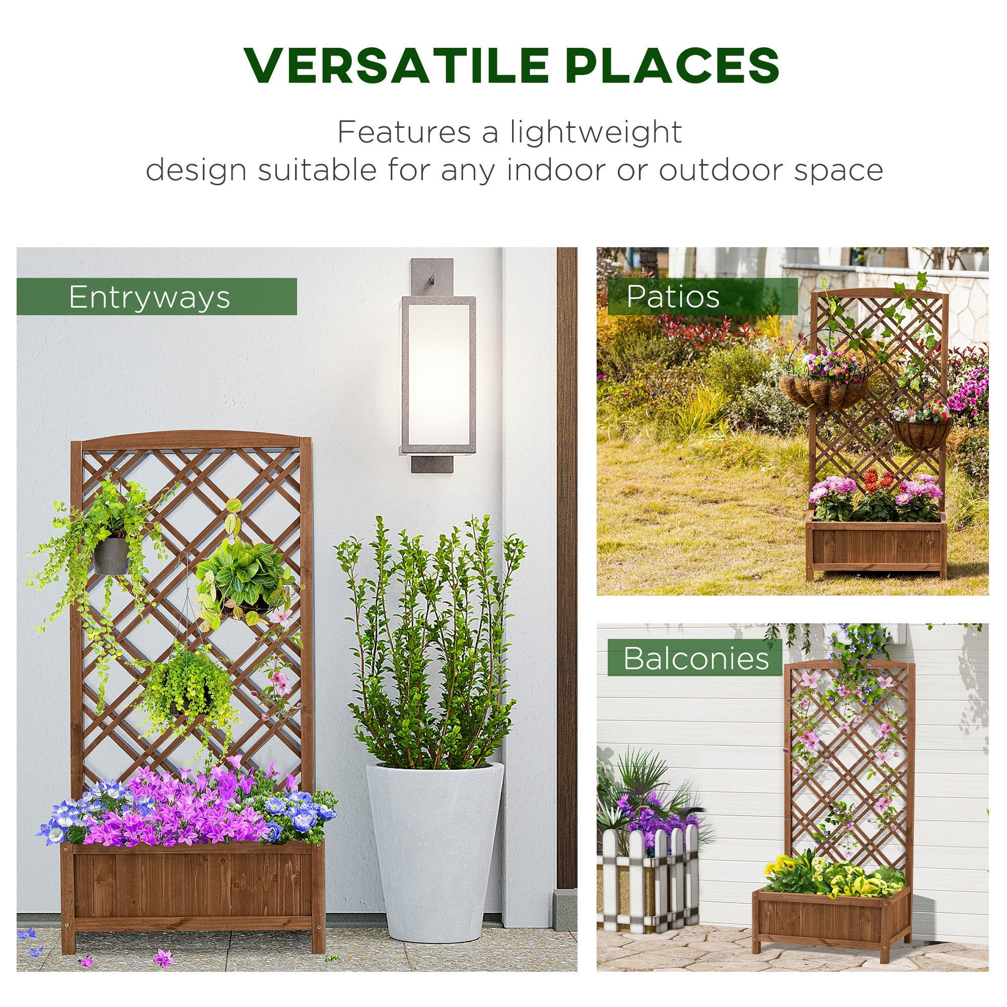 Outsunny Garden Planter with Trellis, Wooden Raised Bed for Garden with Lattice Trellis for Vegetables, Herbs and Flowers, Brown