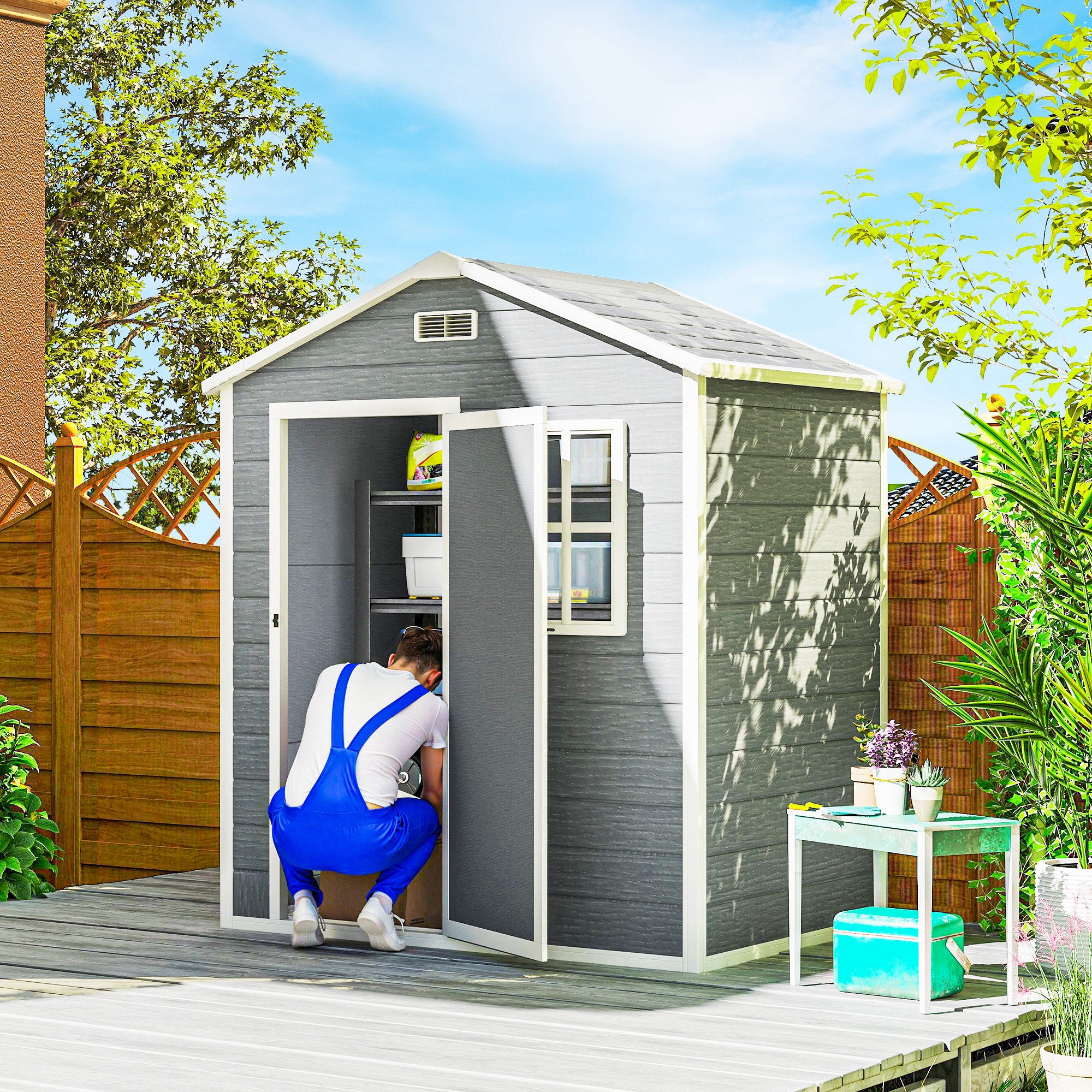 Outsunny 6 x 4ft Garden Shed, Plastic Shed with Floor, Window, Lockable Door and Vents, Wood Effect Resin Tool Shed for Outdoor, Grey