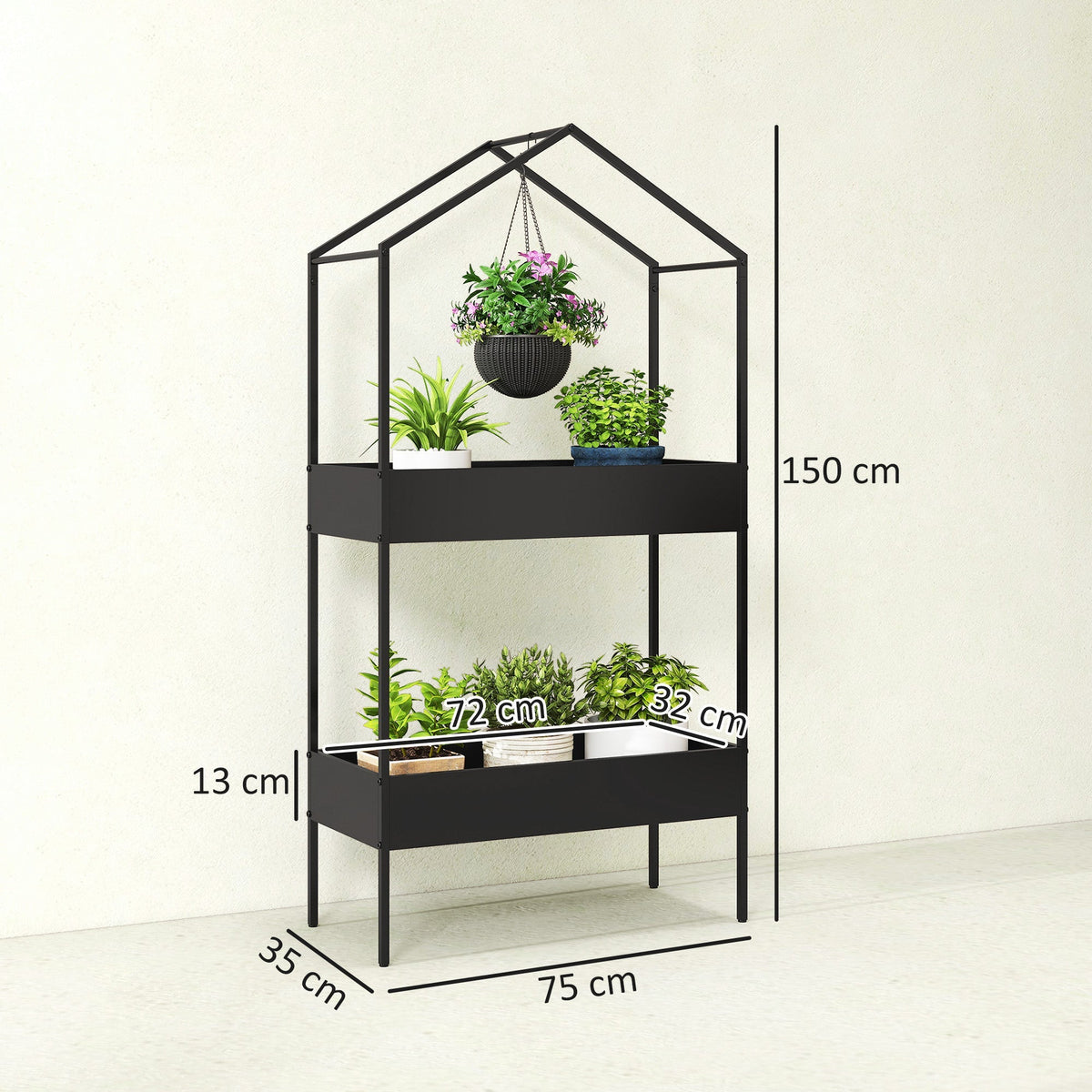 Outsunny 2 Tier Plant Stand, Outdoor Indoor Metal Plant Stand with Hook, House-Shaped Pots Holder Display Rack, Black