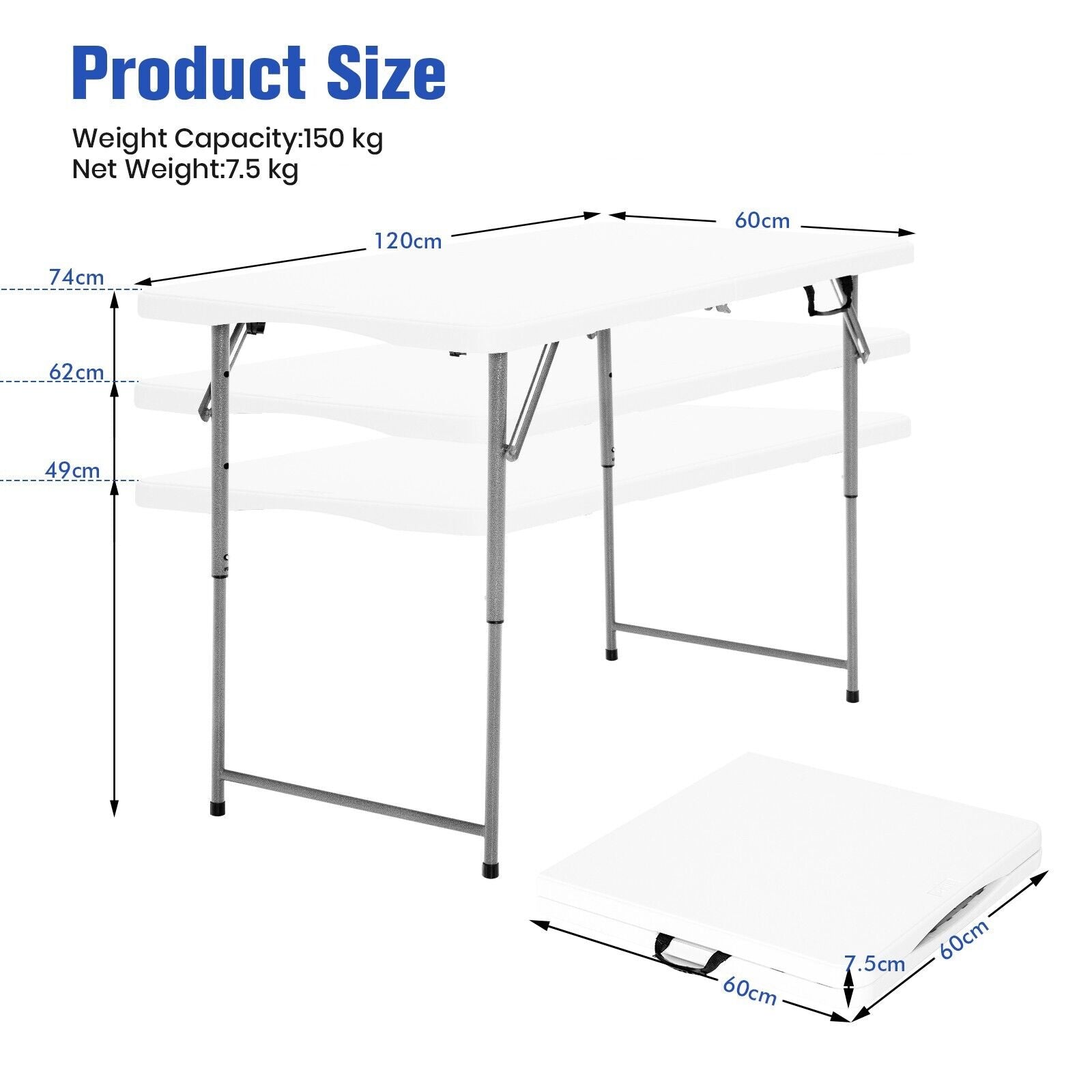 Portable Bi-fold Picnic Table with 3-Level Height Adjustment