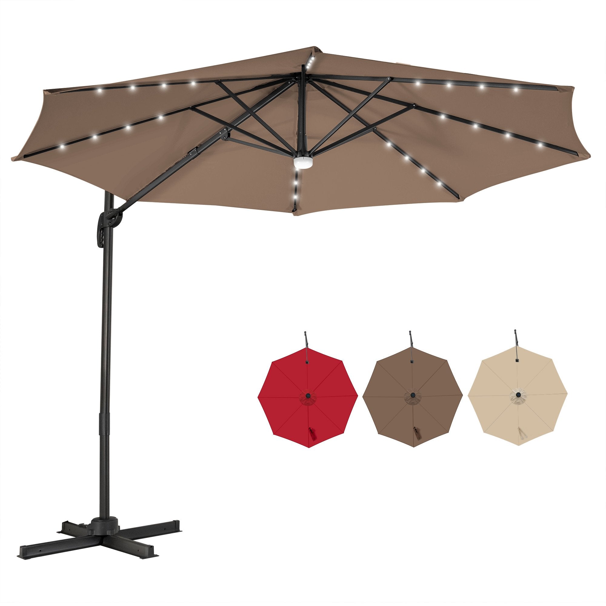 10 Feet Cantilever Solar Umbrella 28LED Lighted Patio Offset Tilt 360¬∞ for Outdoor-Brown