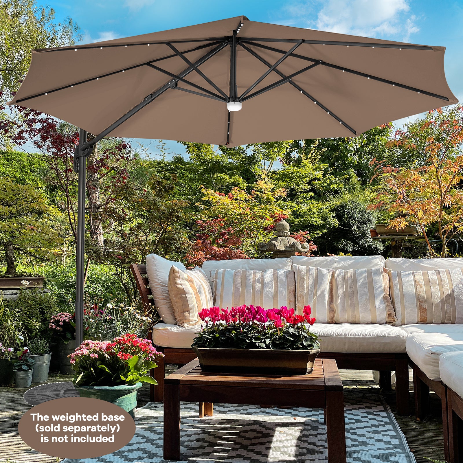 10 Feet Cantilever Solar Umbrella 28LED Lighted Patio Offset Tilt 360¬∞ for Outdoor-Brown