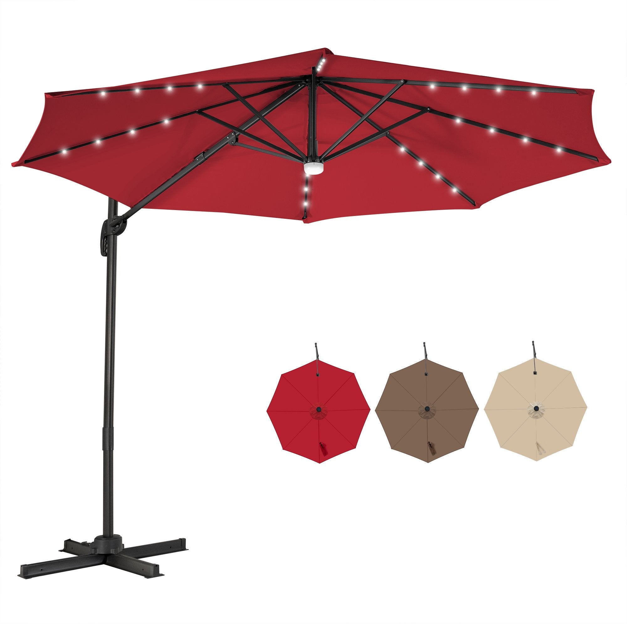 10 Feet Cantilever Solar Umbrella 28LED Lighted Patio Offset Tilt 360¬∞ for Outdoor-Wine