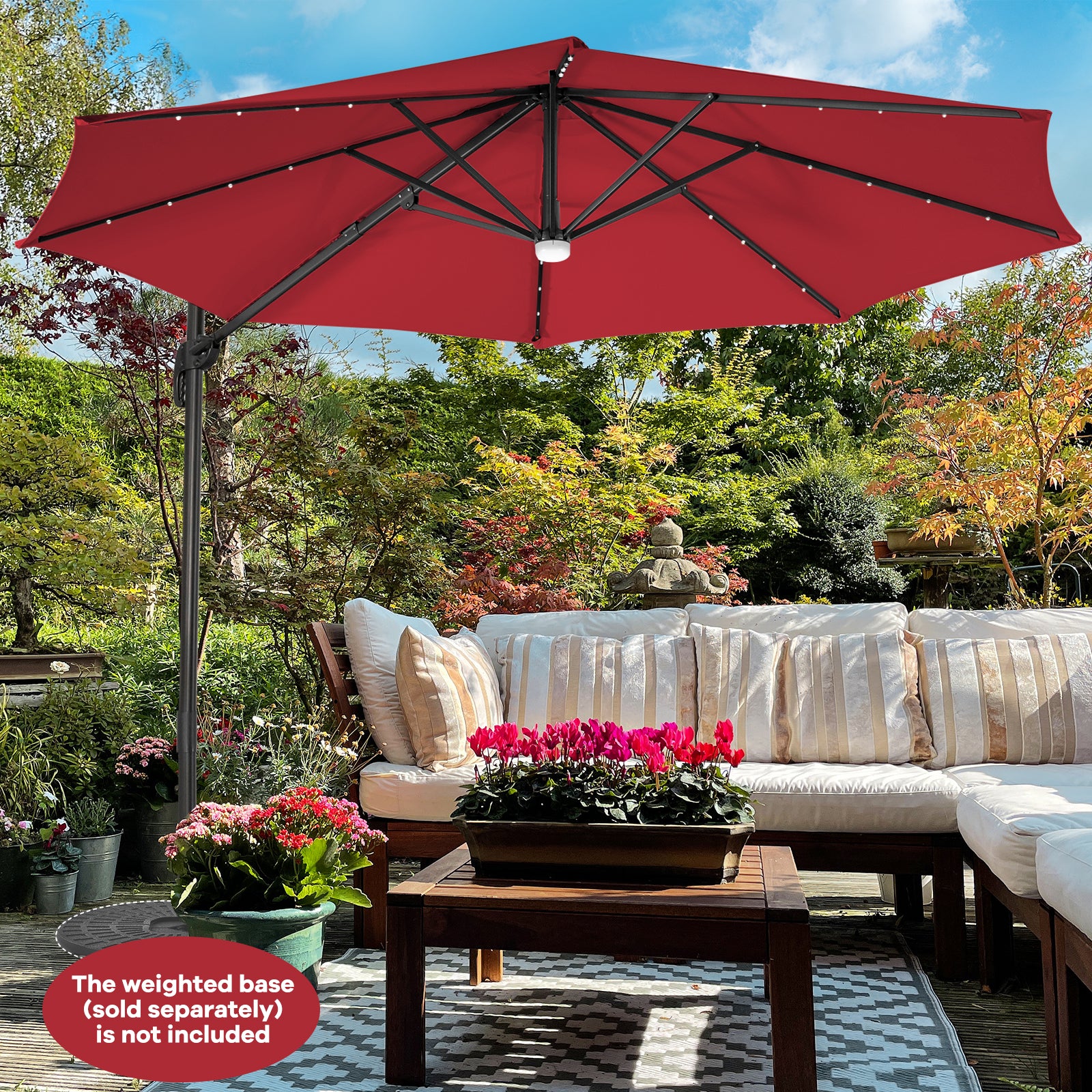 10 Feet Cantilever Solar Umbrella 28LED Lighted Patio Offset Tilt 360¬∞ for Outdoor-Wine