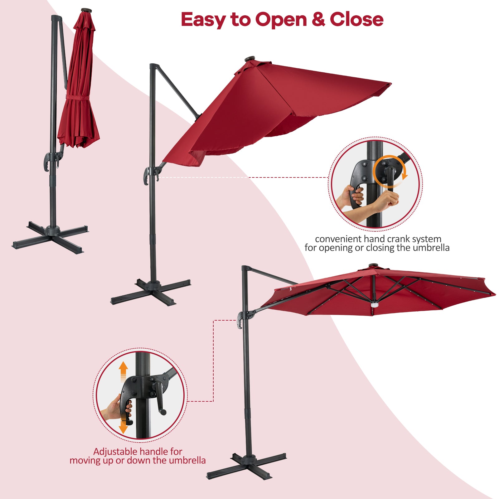 10 Feet Cantilever Solar Umbrella 28LED Lighted Patio Offset Tilt 360¬∞ for Outdoor-Wine