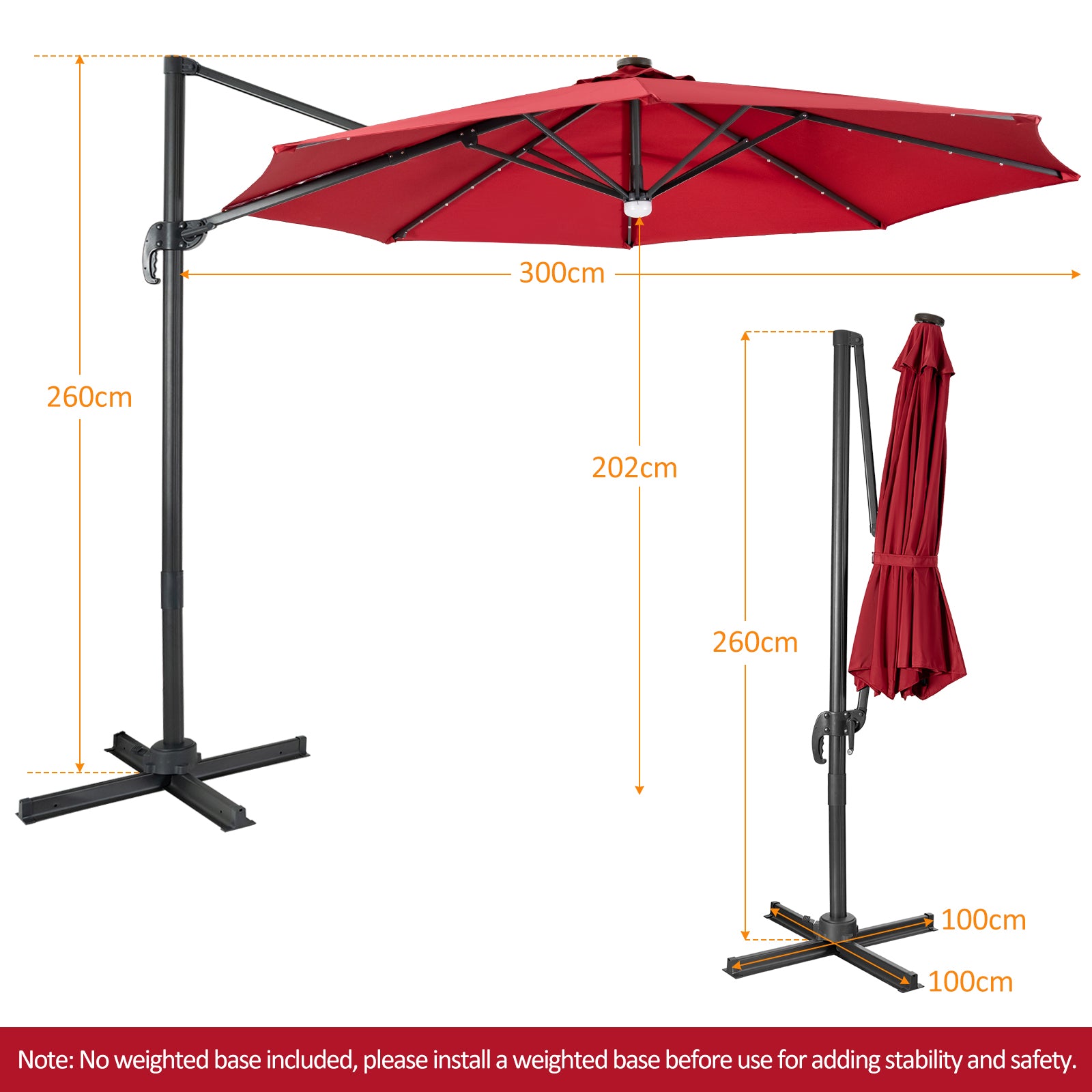 10 Feet Cantilever Solar Umbrella 28LED Lighted Patio Offset Tilt 360¬∞ for Outdoor-Wine