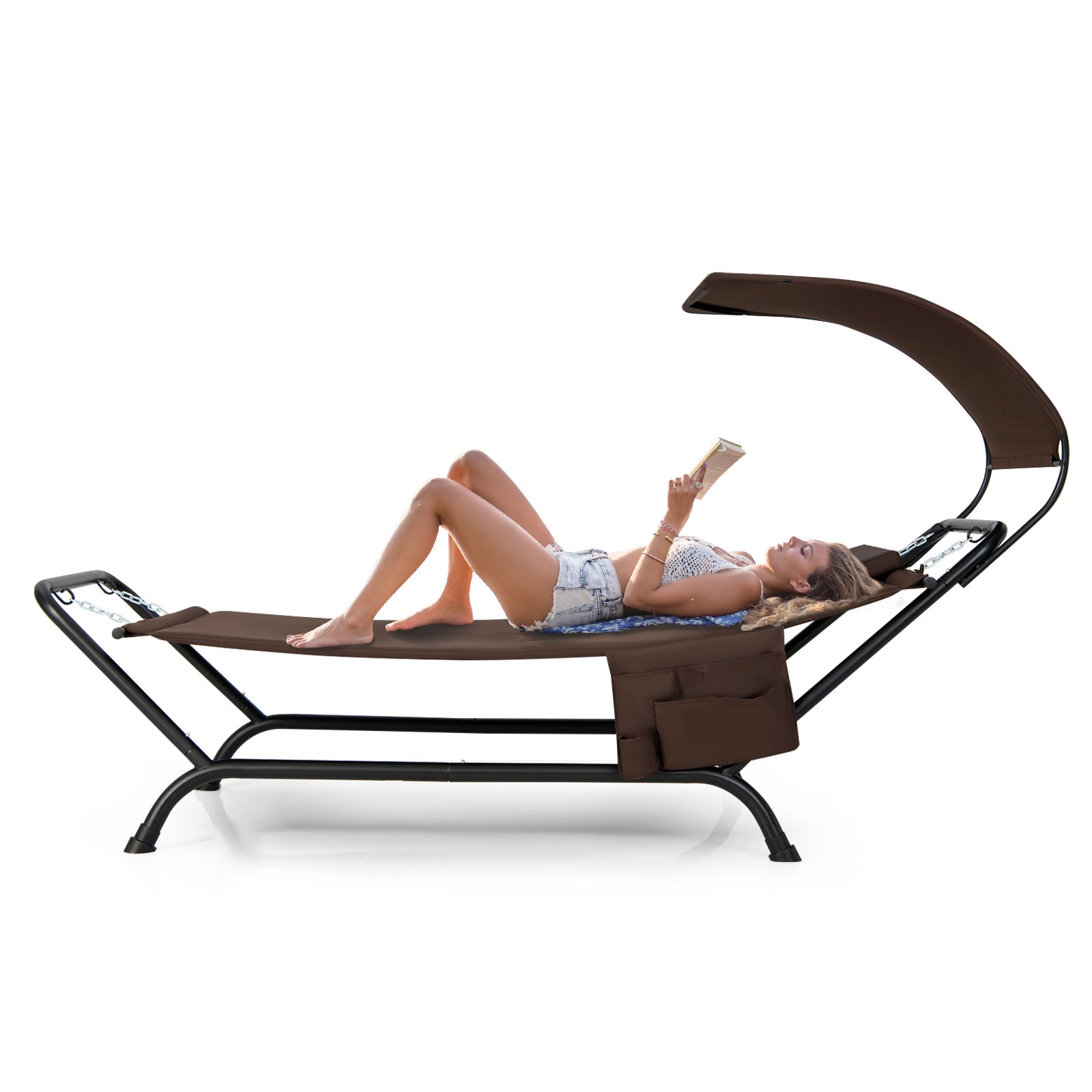 Outdoor Hammock with Stand Cushion and Canopy for Garden Lawn-Coffee