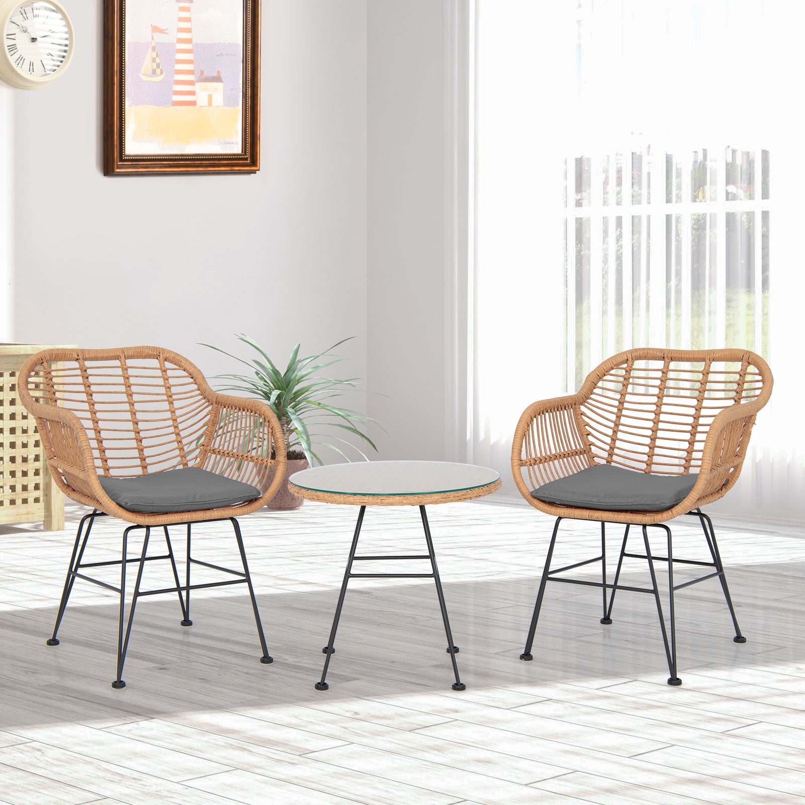 3 Piece Patio Rattan Set with 2 Cushioned Chairs and Tempered Glass Table-Gray