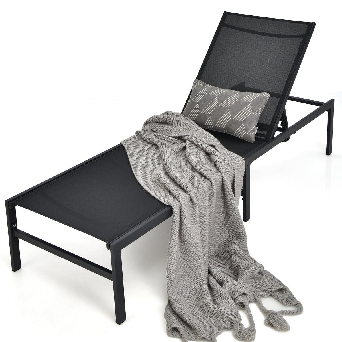 Outdoor Adjustable Chaise Lounge Chair with 5-Position Backrest-Black
