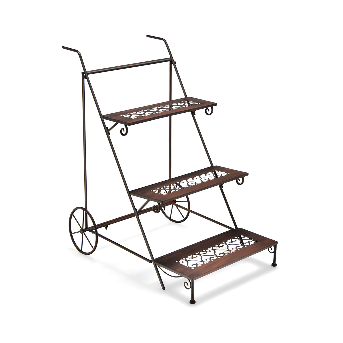 3-Tier Ladder Shaped Metal Plant Stand with Wheels and Handle