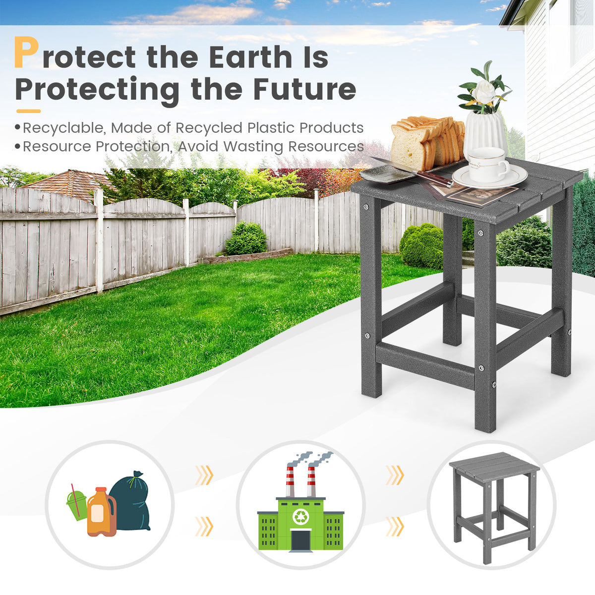 Patio Square HDPE Side Table for Balcony Backyard Lawn-Grey