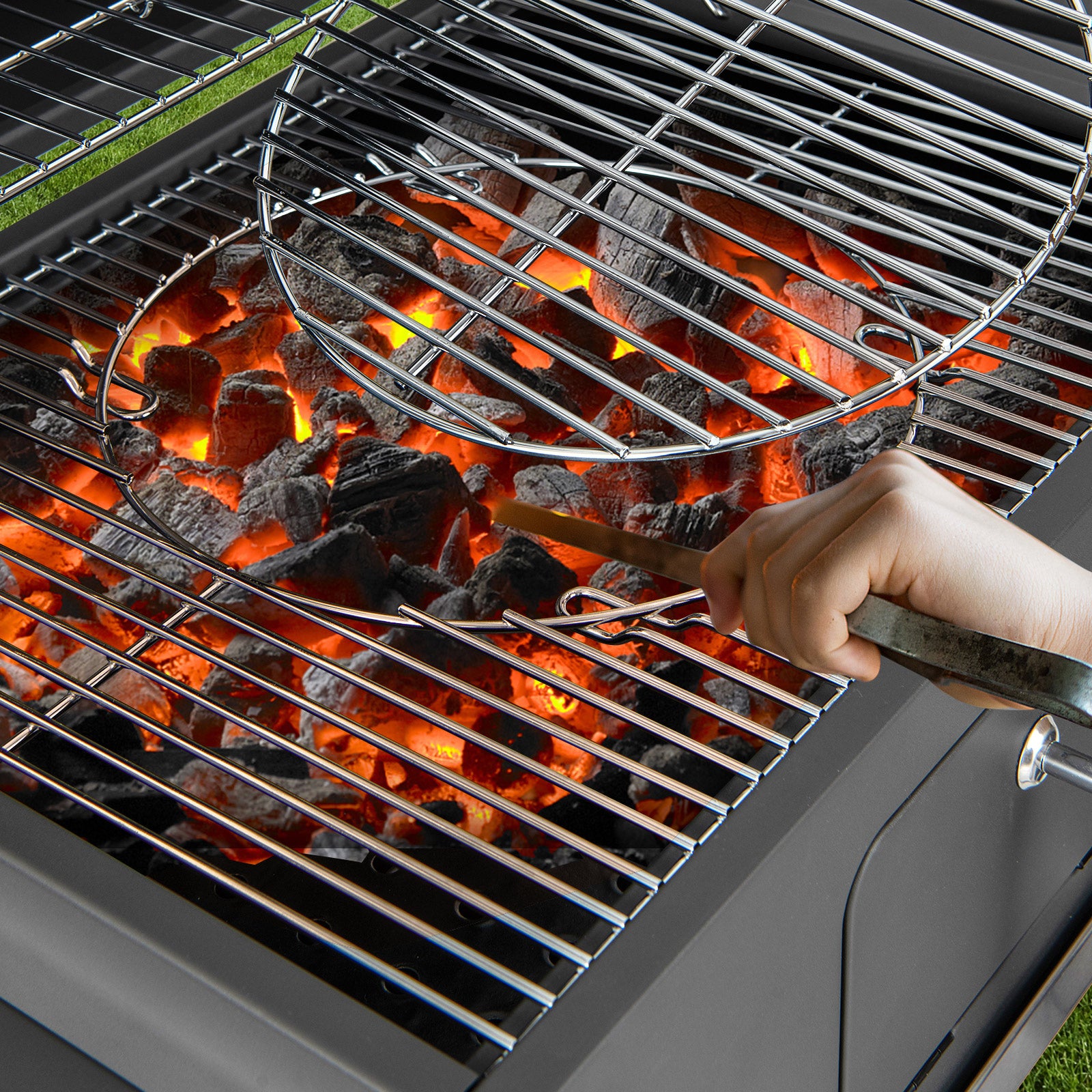 Charcoal BBQ Grill with Foldable Side Tables Hooks and Wheels
