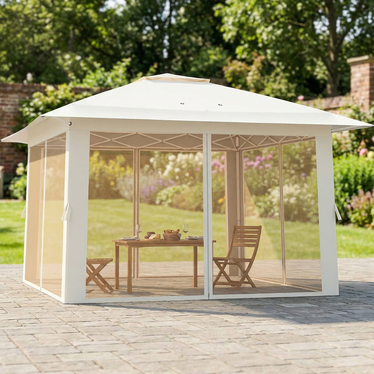 Foldable Canopy Tent with Mesh Netting and Double Roof-Beige