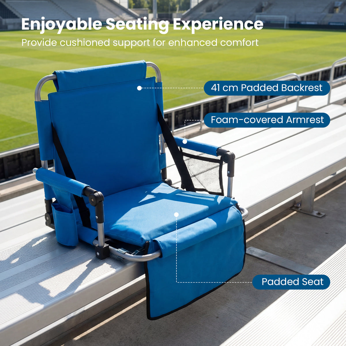 Foldable Stadium Seat with Back Support and Padded Cushions with Armrest-Blue