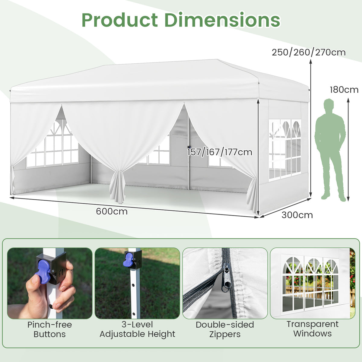 300 x 600 cm Pop up Canopy Tent with 6 Sidewalls and Wheeled Bag-White