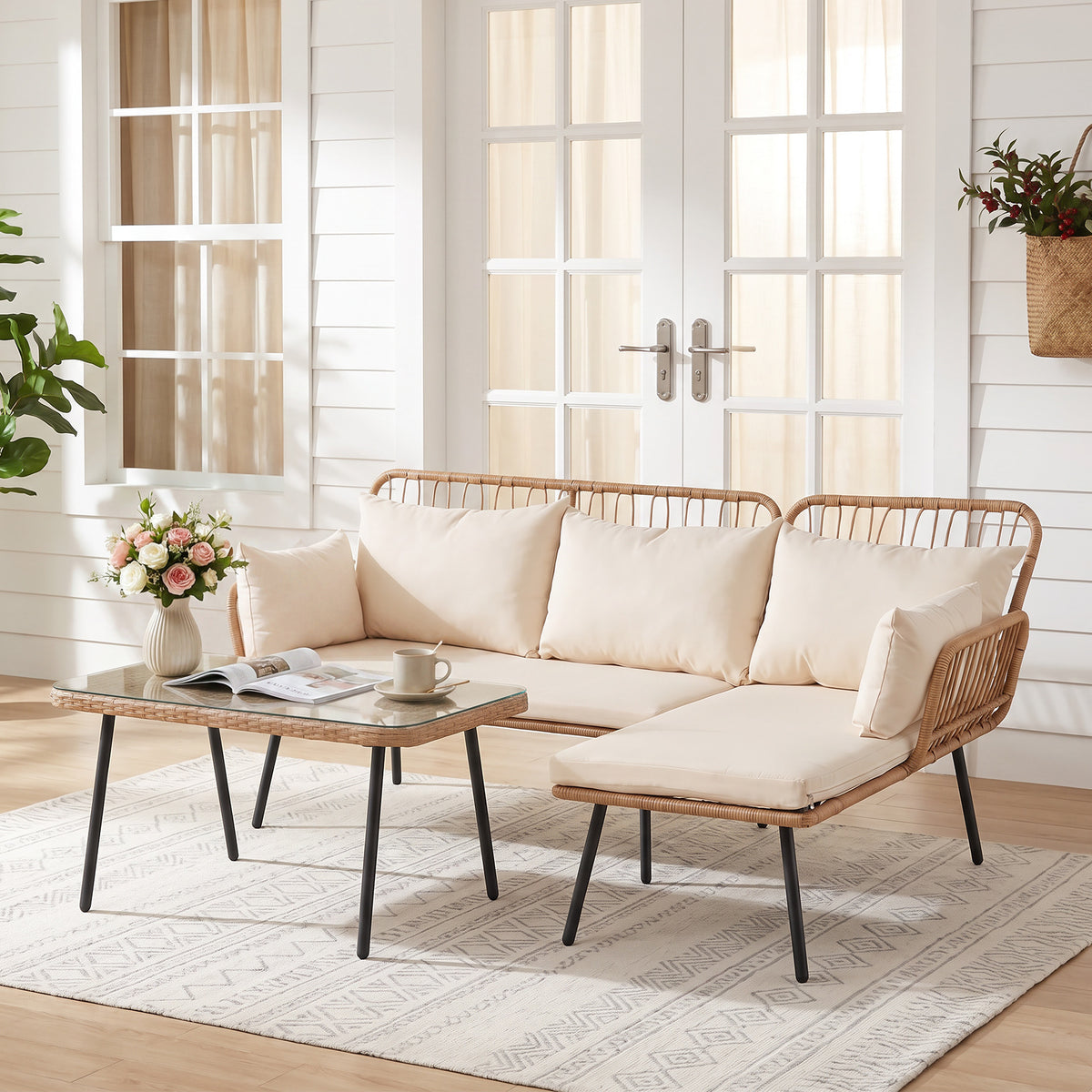 3-Piece Patio Furniture Set with Coffee Table and L-Shaped Sectional Sofa-Beige