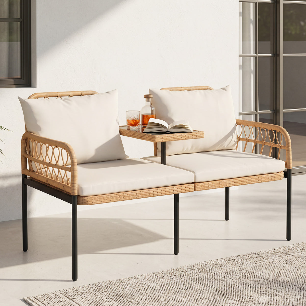 Rattan Jack and Jill Seat with Built-In Table and Cushions for Patio Balcony-Beige