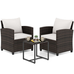 3 Pieces PE Rattan Wicker Outdoor Bistro Conversation Set with Soft Cushions-Beige