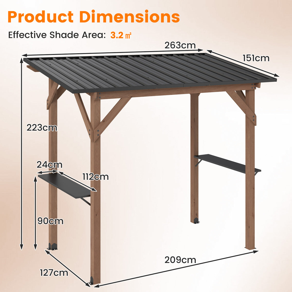 263 x 151 cm Grill Gazebo with 2 Side Serving Shelves-Brown