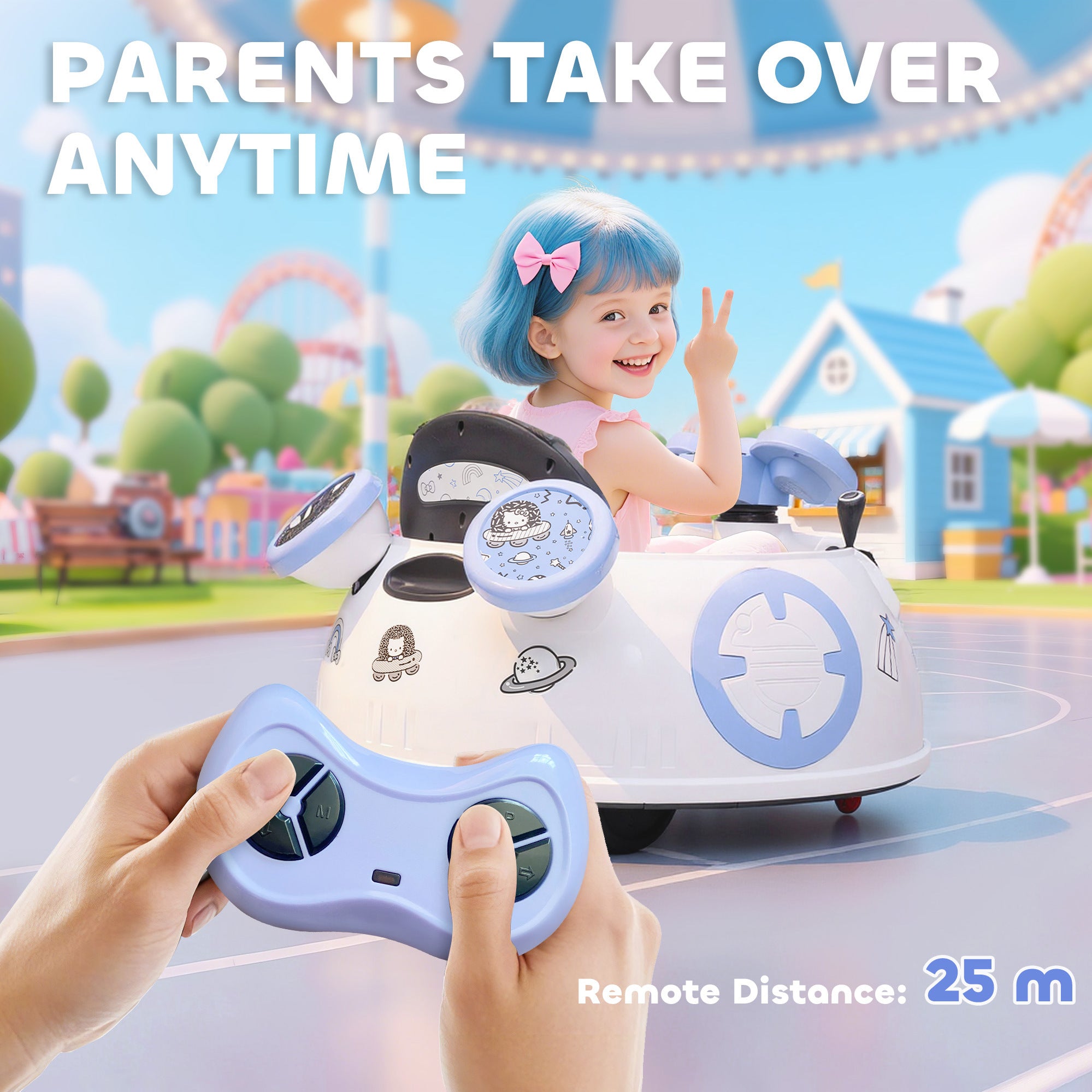 AIYAPLAY Hello Kitty Kids Ride on Bumper Car with Remote Control, Two Joysticks, Music, Lights, Safety Belt, White